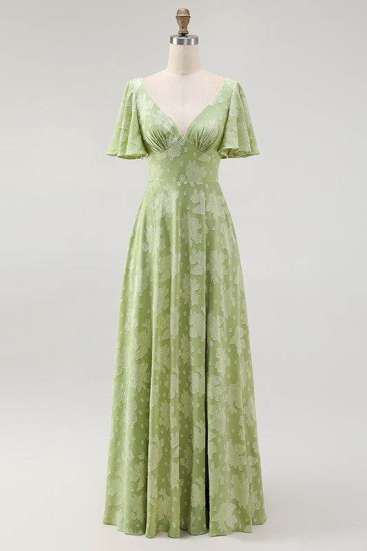 Sage Green Floral V-Neck A-Line Long Wedding Guest Dress