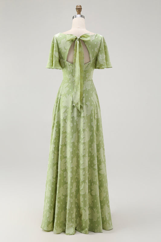 Sage Green Floral V-Neck A-Line Long Wedding Guest Dress