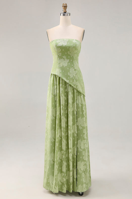 Sage Green Floral Strapless A Line Long Wedding Guest Dress with Slit