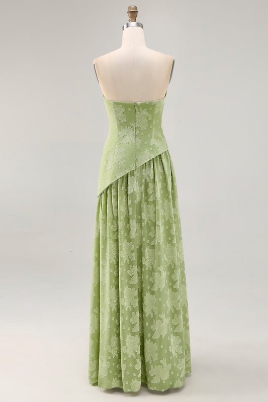 Sage Green Floral Strapless A Line Long Wedding Guest Dress with Slit