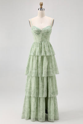 Dusty Sage Corset Tiered A Line Long Bridesmaid Dress with Slit