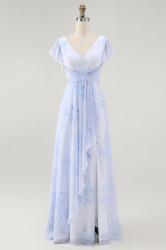 Blue Chiffon Floral A-Line V-Neck Long Wedding Guest Dress with Sleeves
