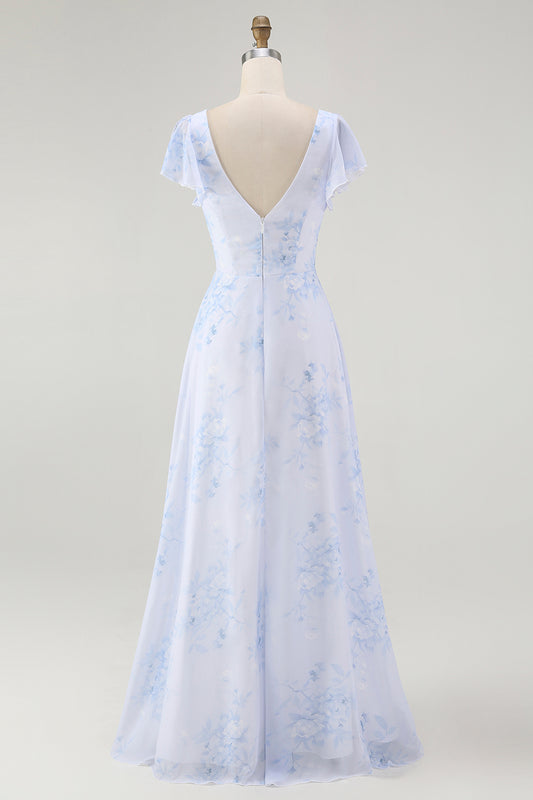 Blue Chiffon Floral A-Line V-Neck Long Wedding Guest Dress with Sleeves