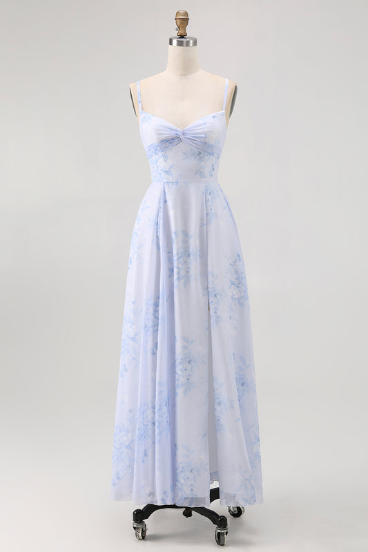 Blue Floral Spaghetti Straps Chiffon A-Line Long Wedding Guest Dress