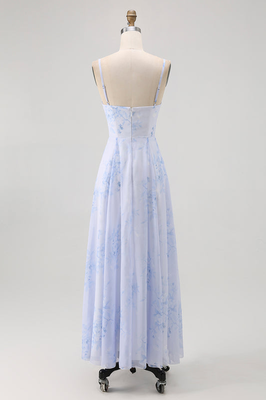 Blue Floral Spaghetti Straps Chiffon A-Line Long Wedding Guest Dress