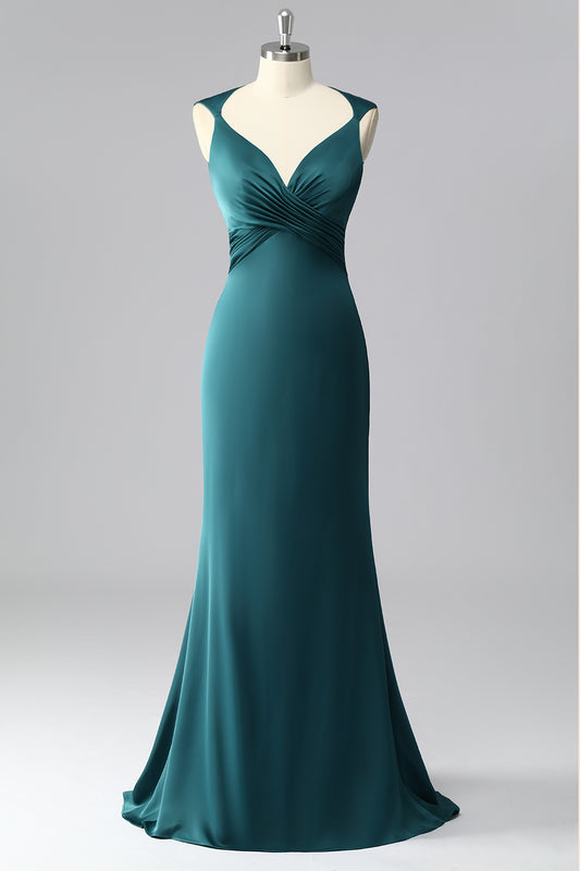 Peacock Blue V-Neck Satin Ruched Mermaid Long Prom Dress
