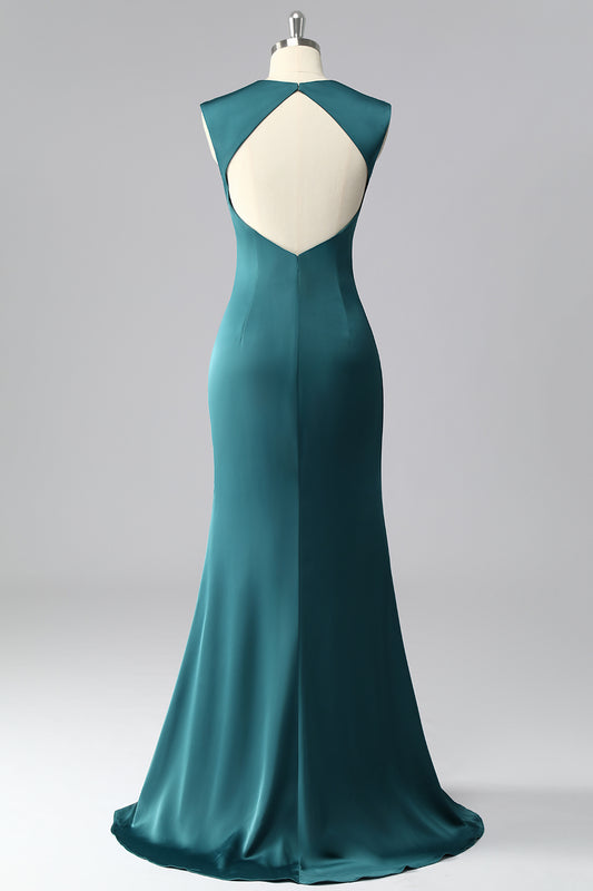 Peacock Blue V-Neck Satin Ruched Mermaid Long Prom Dress