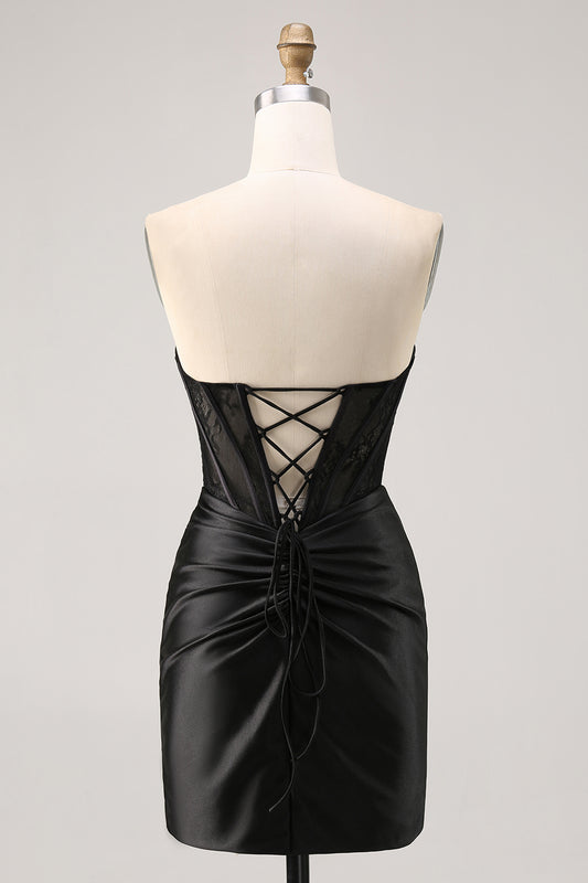 Black Corset Satin Strapless Short Tight Homecoming Dress