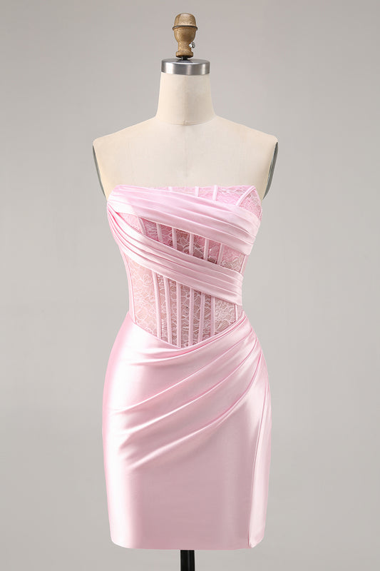 Pink Corset Satin Ruched Strapless Short Homecoming Dress