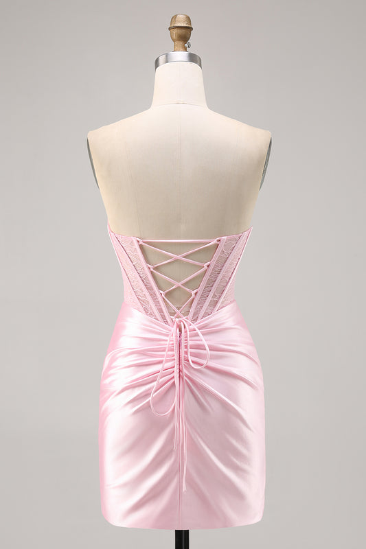 Pink Corset Satin Ruched Strapless Short Homecoming Dress