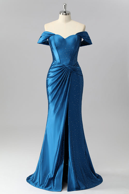 Sparkly Dark Blue Off the Shoulder Satin Mermaid Long Corset Prom Dress with Beading