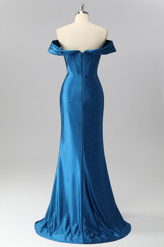 Sparkly Dark Blue Off the Shoulder Satin Mermaid Long Corset Prom Dress with Beading