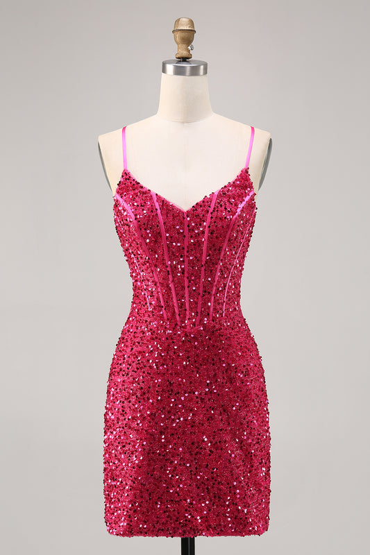 Sparkly Fuchsia Corset Tight Short Sequins Homecoming Dress