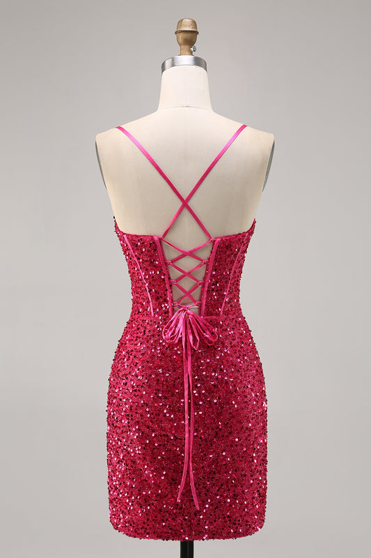 Sparkly Fuchsia Corset Tight Short Sequins Homecoming Dress