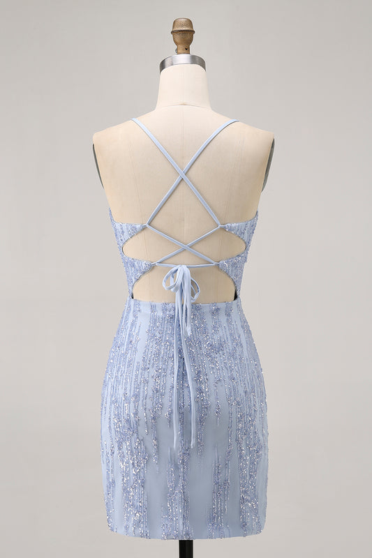 Sparkly Grey Blue Corset Tight Short Homecoming Dress with Sequins