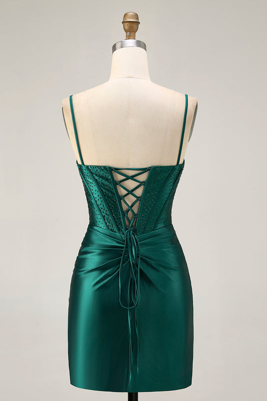 Sparkly Dark Green Corset Tight Short Satin Homecoming Dress with Beading