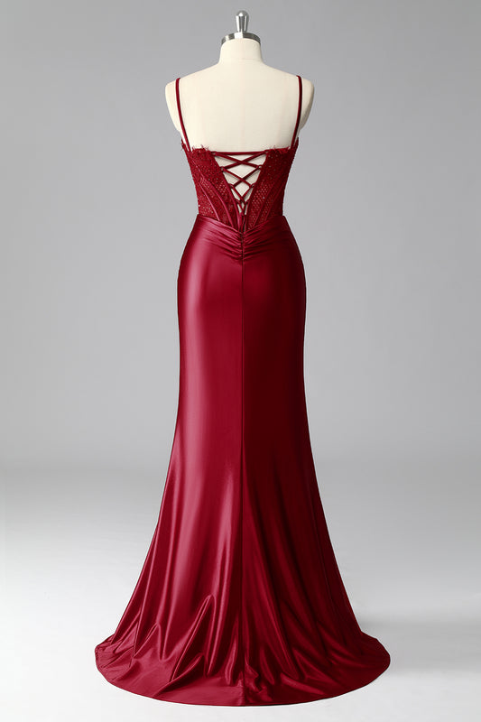 Burgundy Spaghetti Straps Satin Mermaid Long Corset Prom Dress with Lace