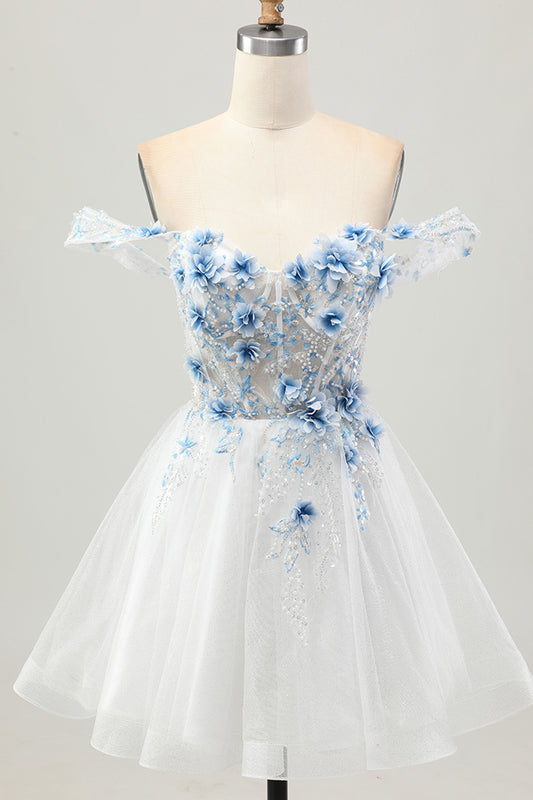 Sparkly White Blue Flower Corset Short Homecoming Dress with Beading