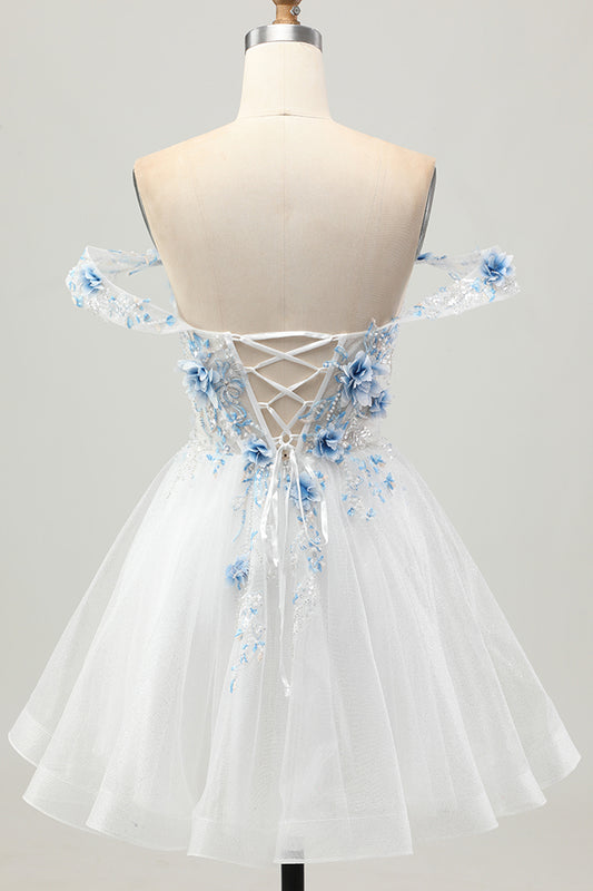 Sparkly White Blue Flower Corset Short Homecoming Dress with Beading