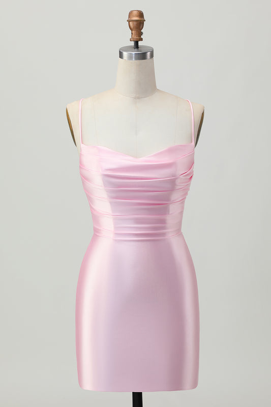 Blush Pink Satin Spaghetti Straps Short Tight Homecoming Dress