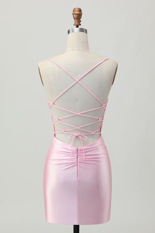 Blush Pink Satin Spaghetti Straps Short Tight Homecoming Dress
