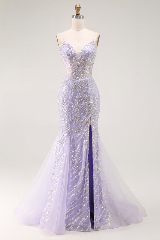 Sparkly Purple Sequins Corset Mermaid Long Prom Dress with Slit