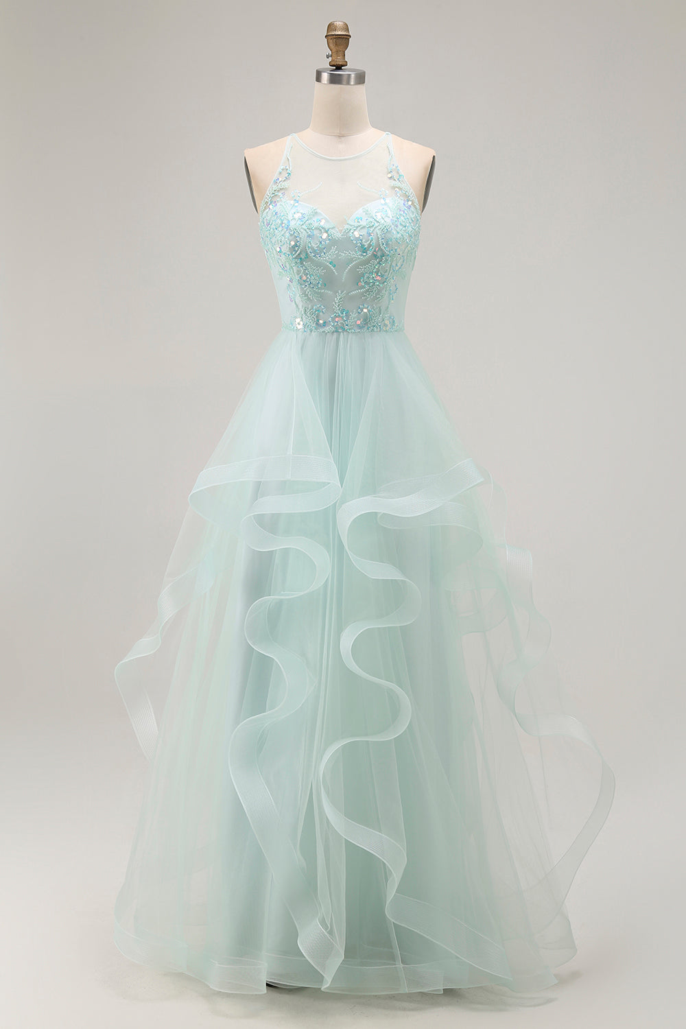 Sparkly Light Green A Line Ruffled Long Prom Dress with Beading Sparkly Light Green A Line Ruffled Long Prom Dress with Beading