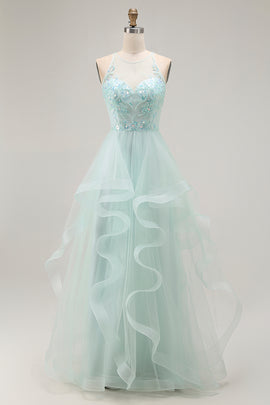 Sparkly Light Green A Line Ruffled Long Prom Dress with Beading