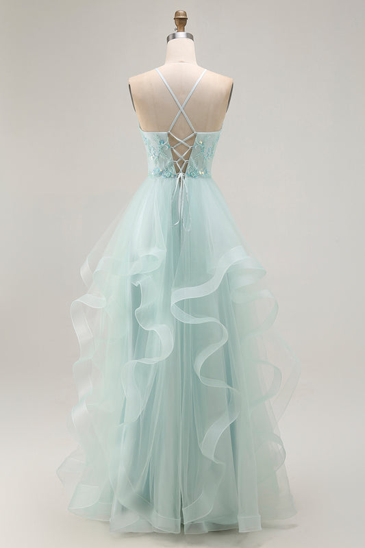 Sparkly Light Green A Line Ruffled Long Prom Dress with Beading