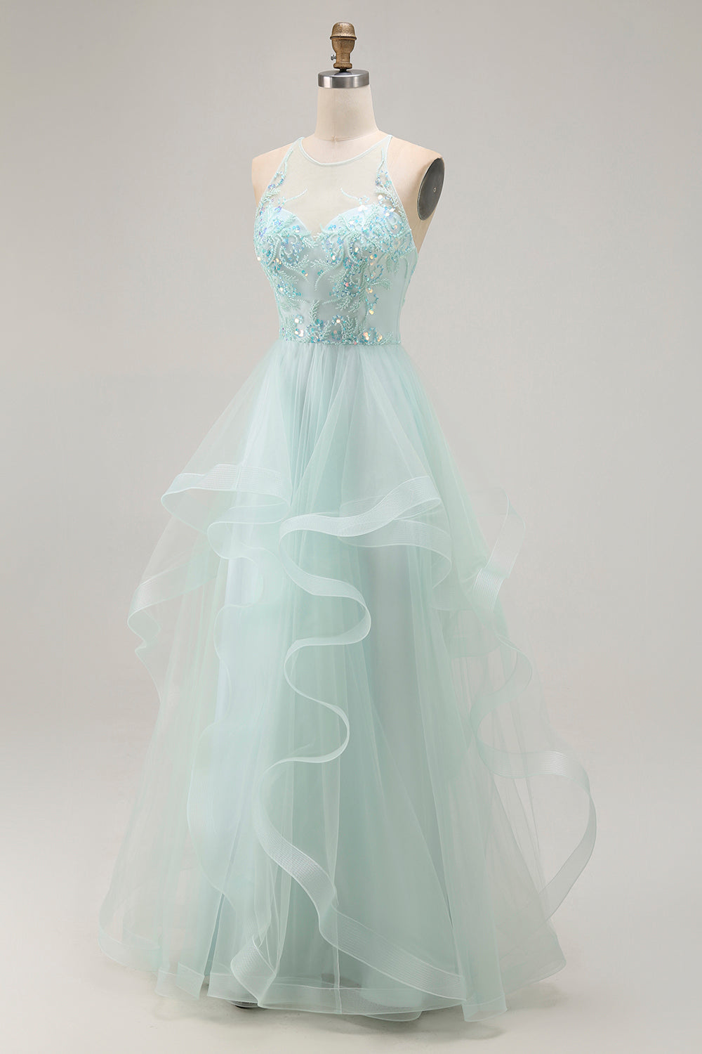 Sparkly Light Green A Line Ruffled Long Prom Dress with Beading Sparkly Light Green A Line Ruffled Long Prom Dress with Beading