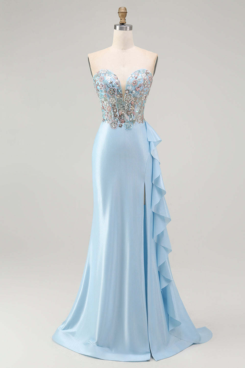 Zapakasa Women Sparkly Light Blue Satin Beaded Long Prom Dress with