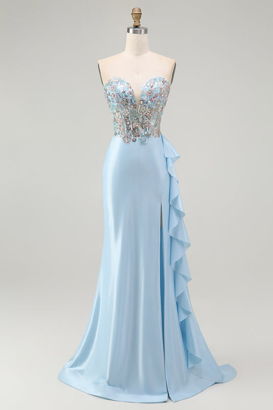 Sparkly Light Blue Mermaid Corset Beaded Long Prom Dress with Slit
