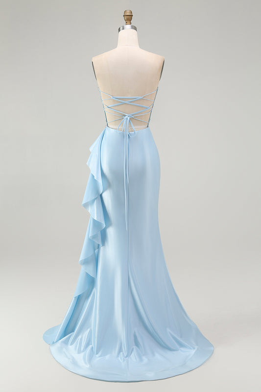 Sparkly Light Blue Mermaid Corset Beaded Long Prom Dress with Slit