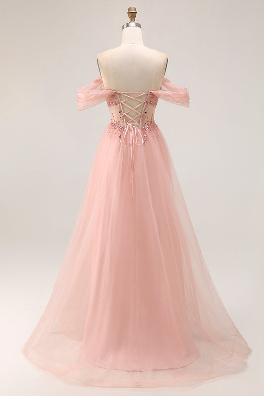 Sparkly Blush Off the Shoulder Long Prom Dress with Sequins