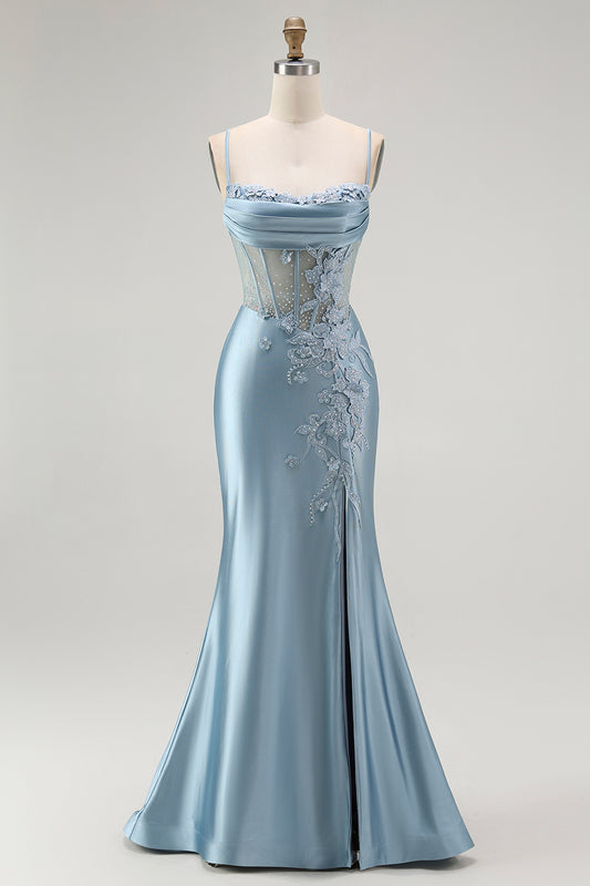 Sparkly Grey Blue Corset Appliqued Mermaid Long Prom Dress with Slit