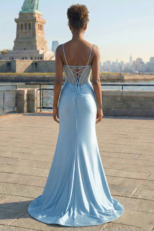 Sparkly Grey Blue Mermaid Appliqued Long Corset Prom Dress with Slit