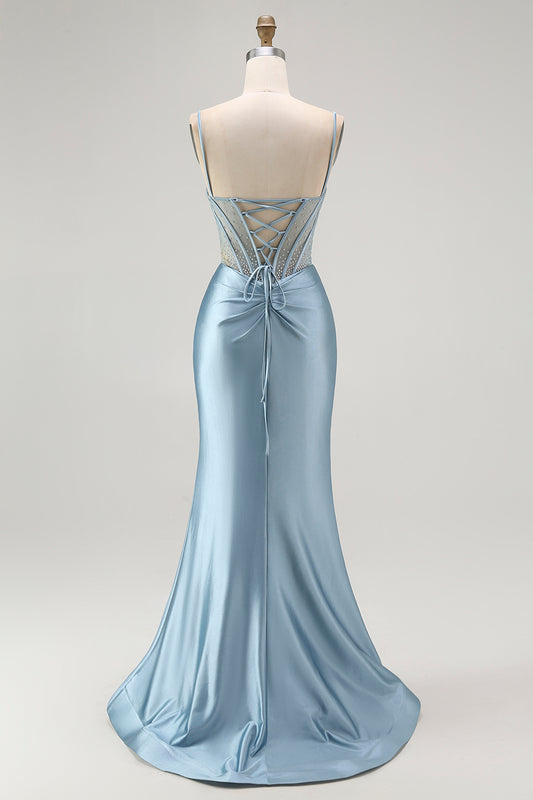 Sparkly Grey Blue Corset Appliqued Mermaid Long Prom Dress with Slit