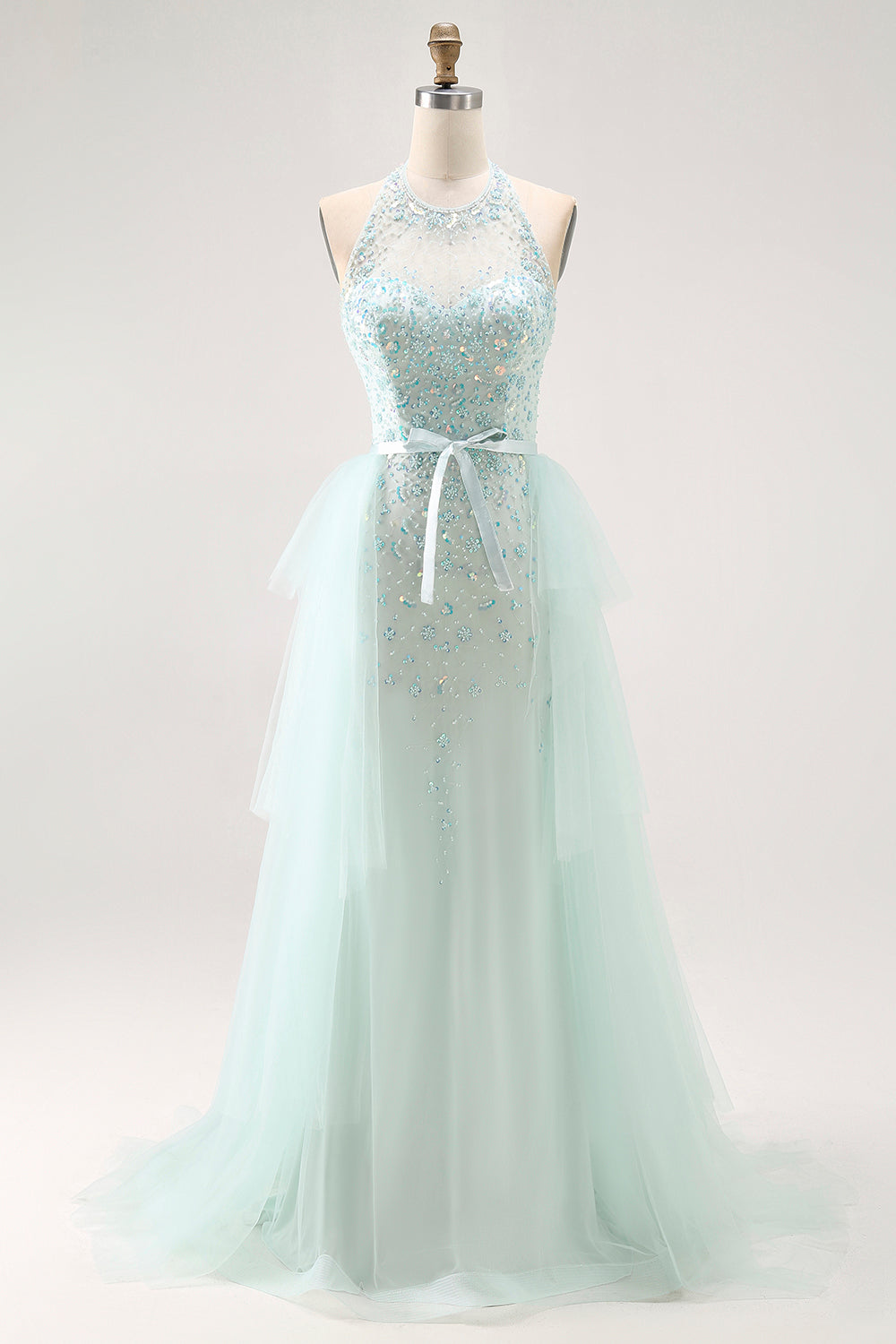 Sparkly Light Green Halter Detachable Train  Long Prom Dress with Beading Sparkly Light Green Halter Detachable Train  Long Prom Dress with Beading