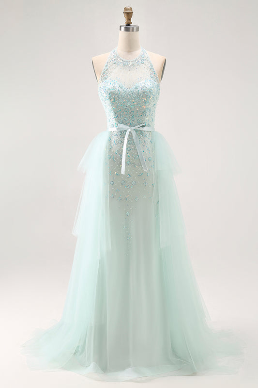 Sparkly Light Green Halter Detachable Train  Long Prom Dress with Beading