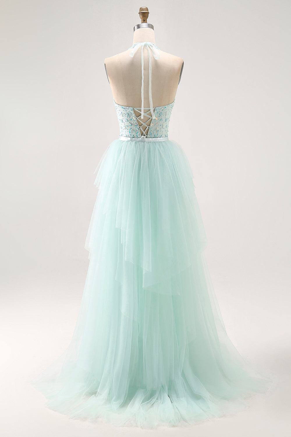 Sparkly Light Green Halter Detachable Train  Long Prom Dress with Beading Sparkly Light Green Halter Detachable Train  Long Prom Dress with Beading
