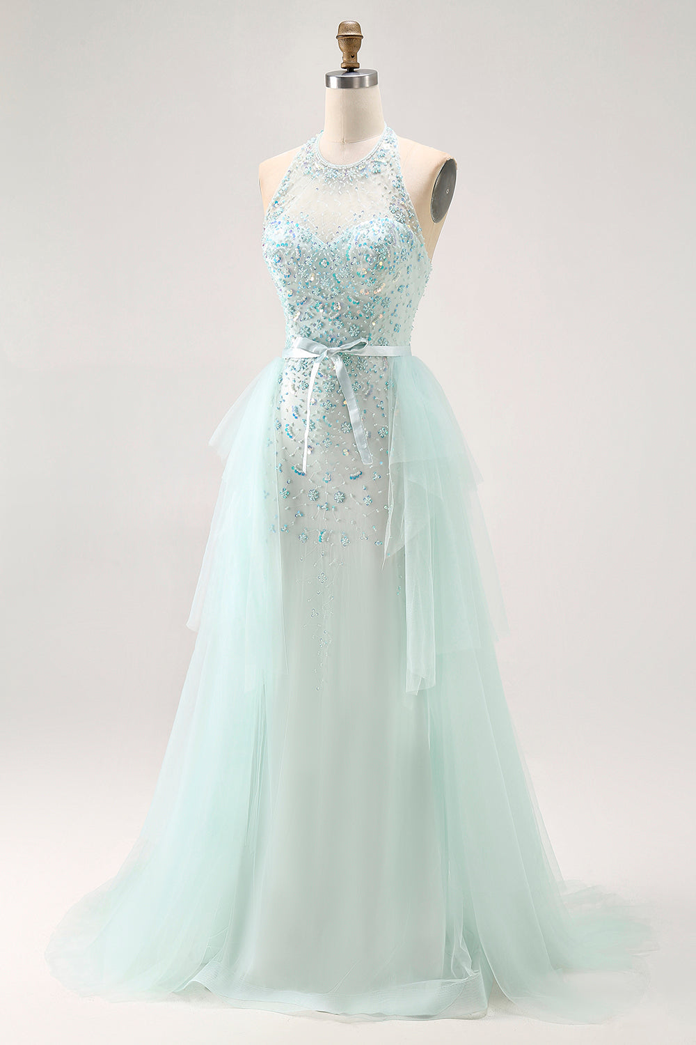 Sparkly Light Green Halter Detachable Train  Long Prom Dress with Beading Sparkly Light Green Halter Detachable Train  Long Prom Dress with Beading