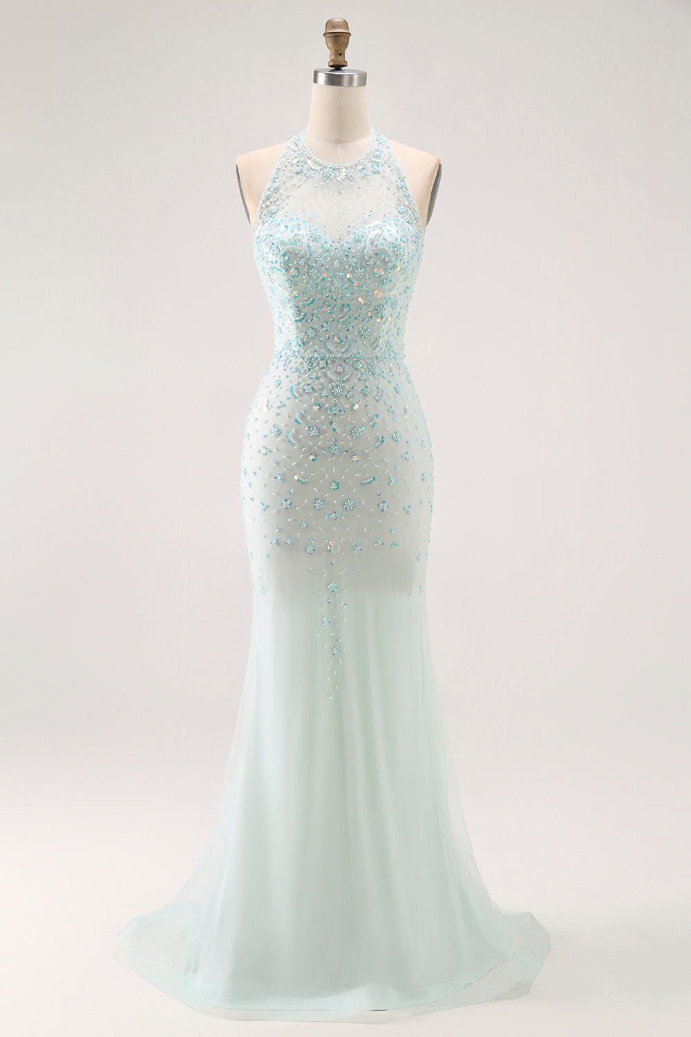 Sparkly Light Green Halter Detachable Train  Long Prom Dress with Beading Sparkly Light Green Halter Detachable Train  Long Prom Dress with Beading