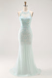 Sparkly Light Green Halter Detachable Train  Long Prom Dress with Beading Sparkly Light Green Halter Detachable Train  Long Prom Dress with Beading