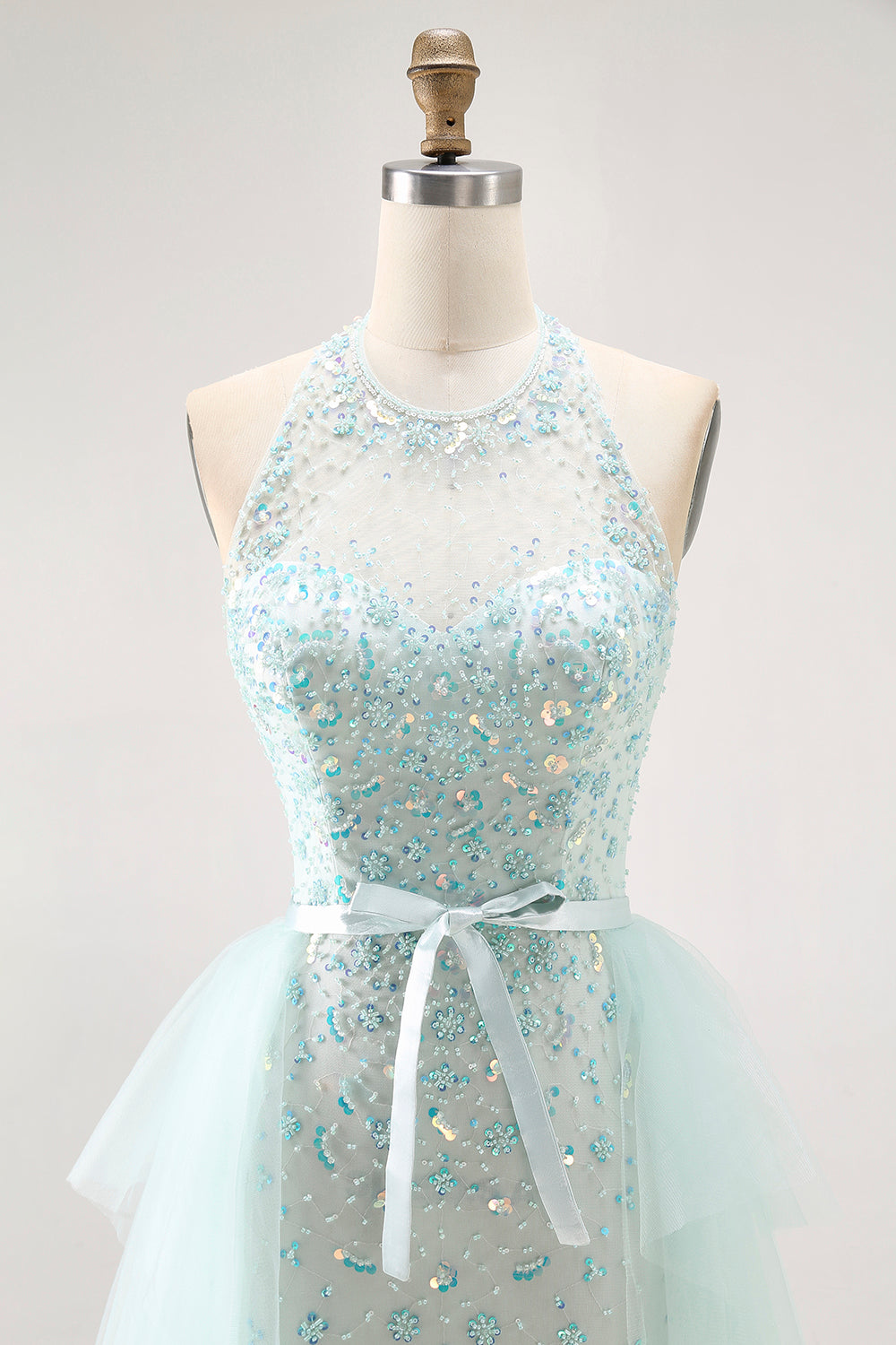 Sparkly Light Green Halter Detachable Train  Long Prom Dress with Beading Sparkly Light Green Halter Detachable Train  Long Prom Dress with Beading