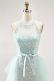 Sparkly Light Green Halter Detachable Train  Long Prom Dress with Beading Sparkly Light Green Halter Detachable Train  Long Prom Dress with Beading