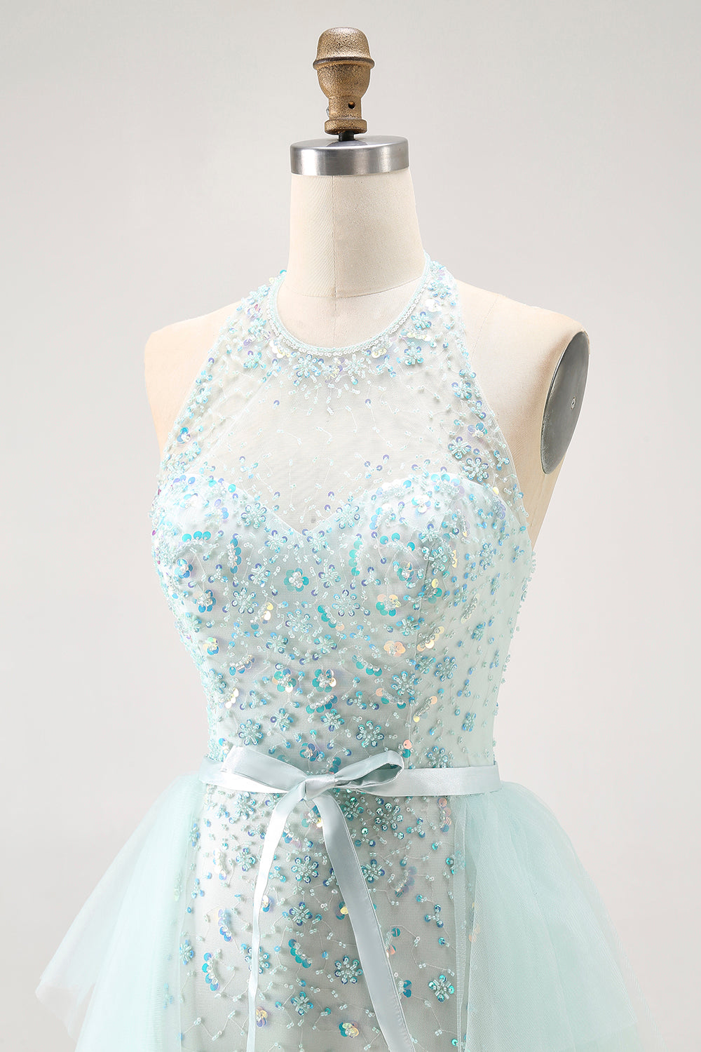 Sparkly Light Green Halter Detachable Train  Long Prom Dress with Beading Sparkly Light Green Halter Detachable Train  Long Prom Dress with Beading