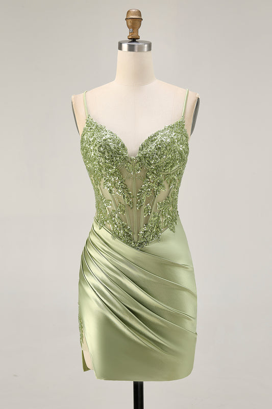Sparkly Sage Green Satin Tight Short Corset Homecoming Dress with Sequins