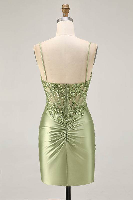 Sparkly Sage Green Satin Tight Short Corset Homecoming Dress with Sequins