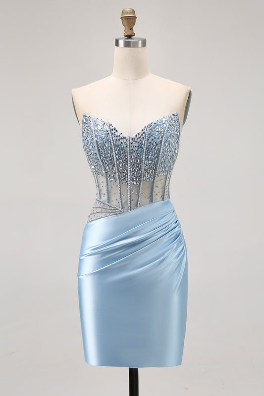 Sparkly Light Blue Tight Short Corset Homecoming Dress with Rhinestones