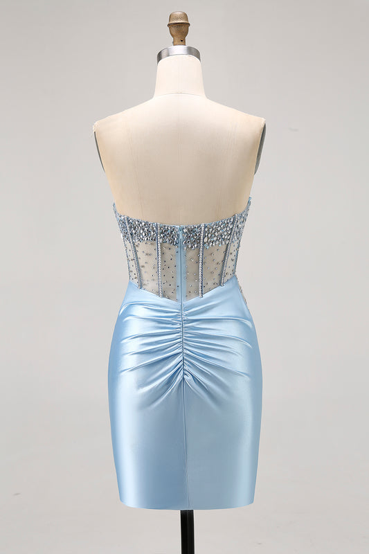 Sparkly Light Blue Tight Short Corset Homecoming Dress with Rhinestones